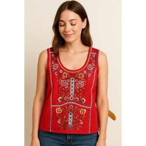 Tolani Peasant Embroidered Tank Floral Size XL Watermelon Pink Boho Cotton Top